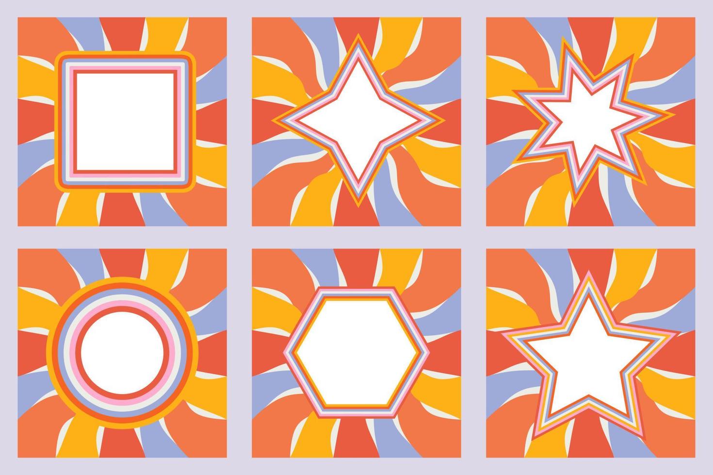 set of rainbow frames in 1970s hippie style. patterns retro vintage 70s groove. collection of round frame, star, rhombus and square. vector illustration design isolated.