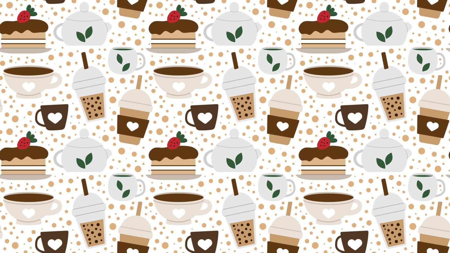 Seamless repeating pattern with drinks and desserts for cafe menu. Print for a shop with tea and coffee and a hot drink. Vector illustration.