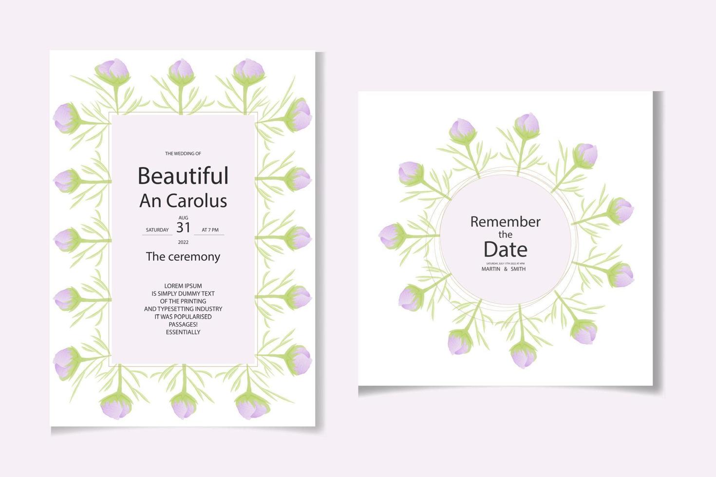 Modern Wedding Invitation Card Template Set With Watercolor Cosmos Flower Decoration vector