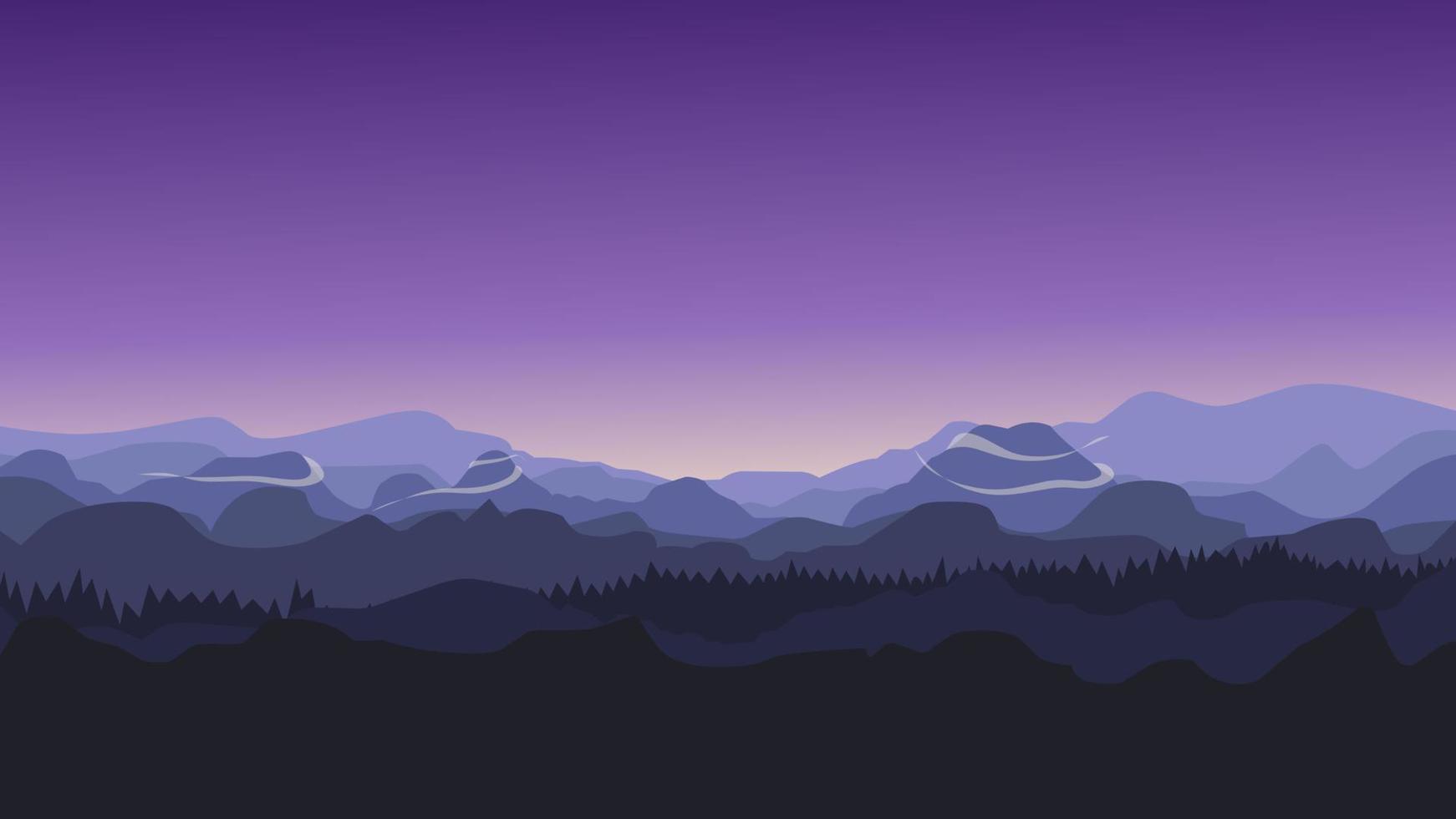 sunset in mountains, nature landscape background, dusk sky in purple. Evening view flat vector illustration