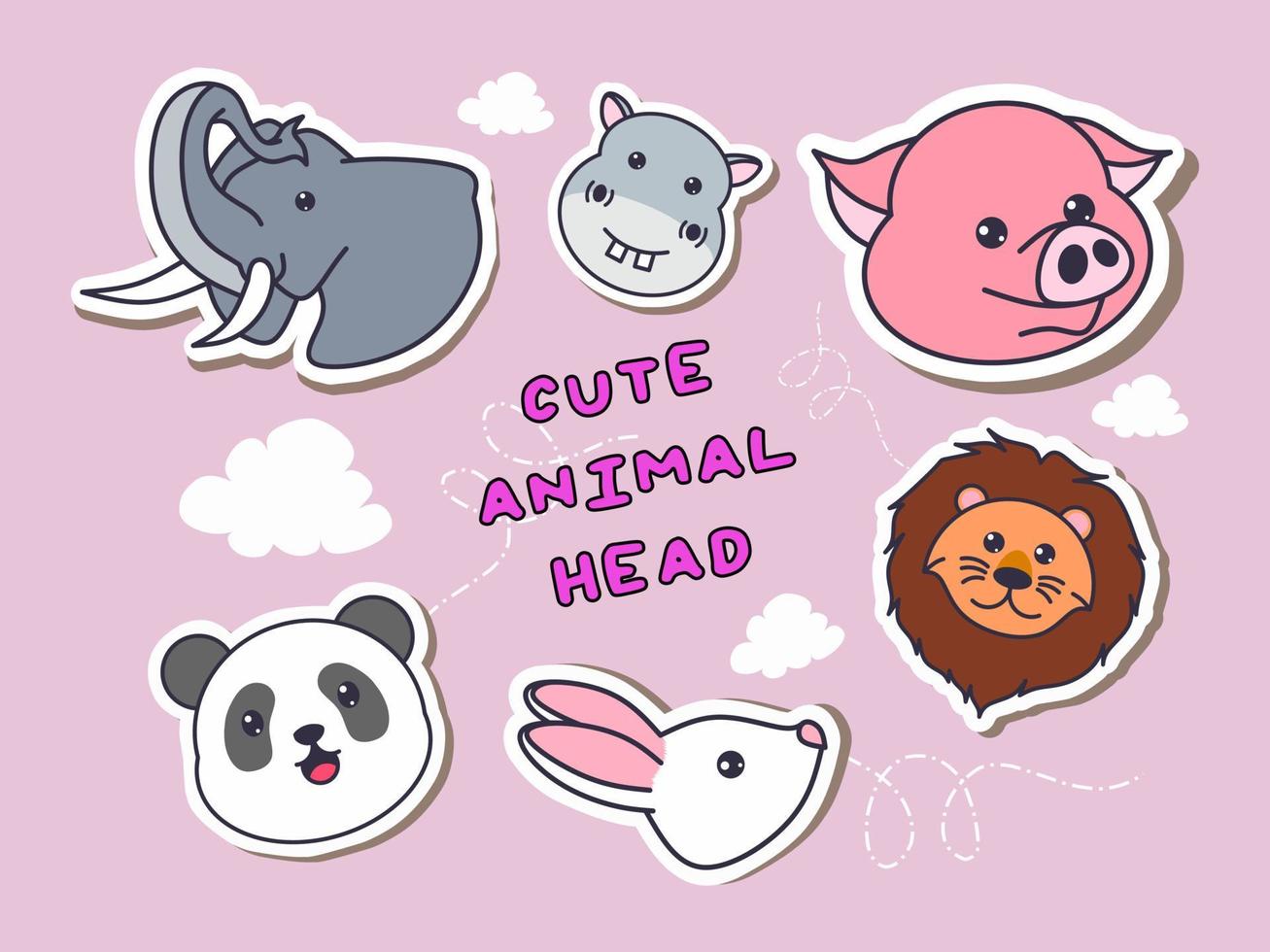 cute animal head illustration vector, cute doodle art in pink background. fit for sticker, aesthetic note book, diary, and pin for kids. vector