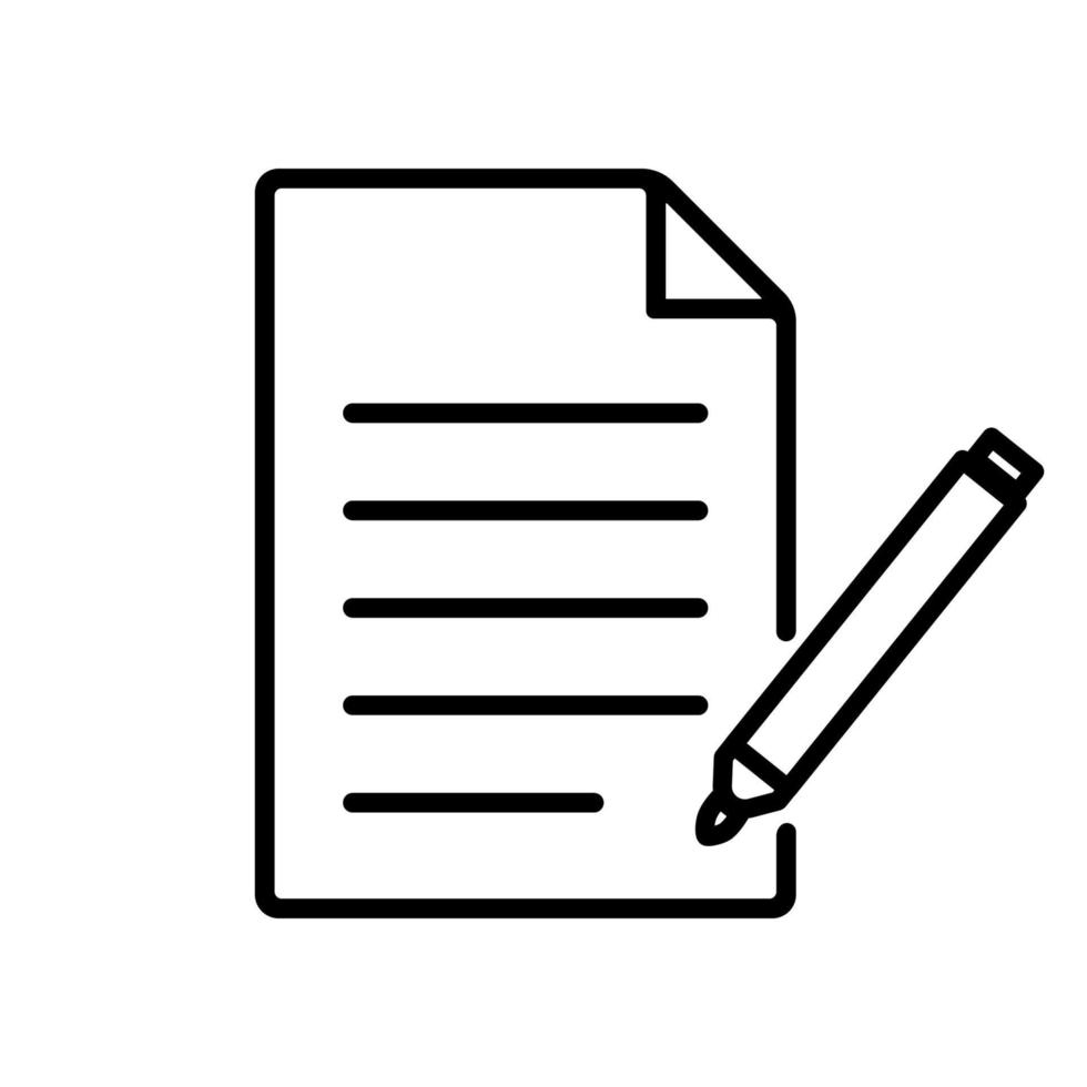 Document with pen icon. Notepad symbol. Vector pencil pictogram. Contract line icon. List, file, notebook, report