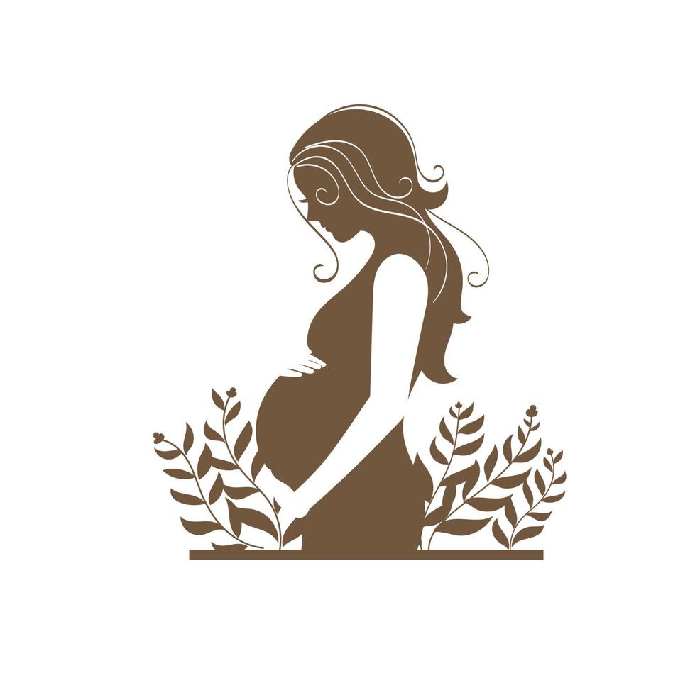 silueta de mujer embarazada con hojas decoradas vector