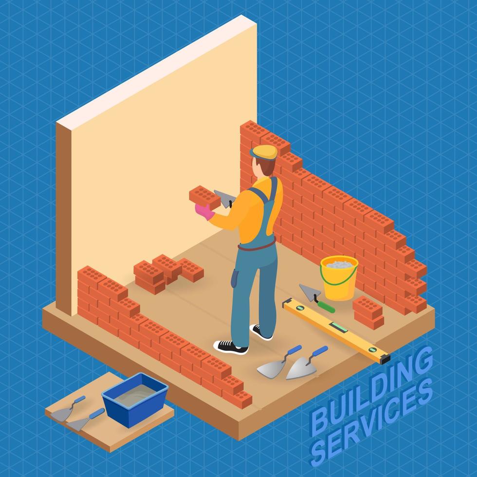 Builder with Tools. Home Repair Isometric Template. vector