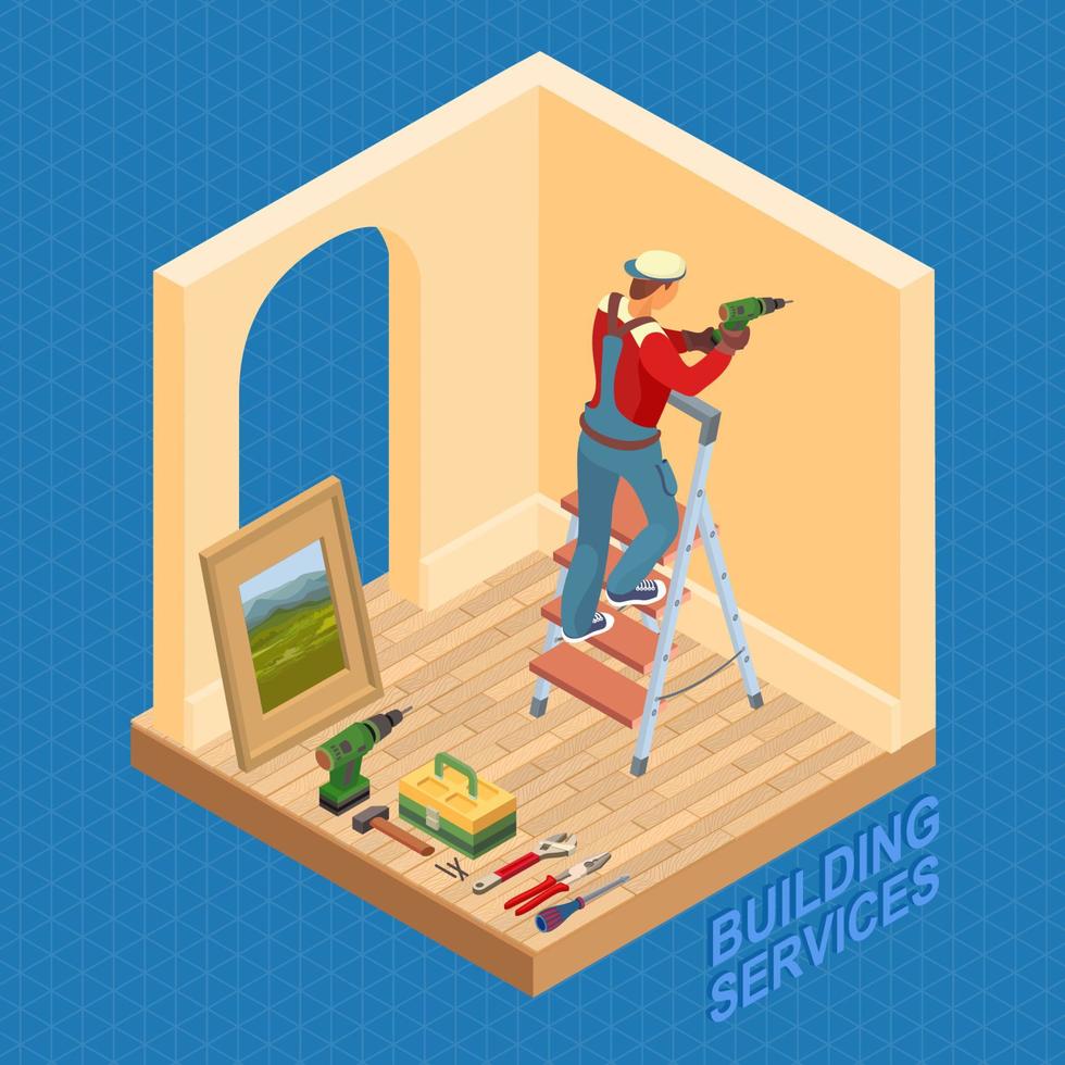 Worker is Drilling a Wall. Isometric Interior Repairs. vector