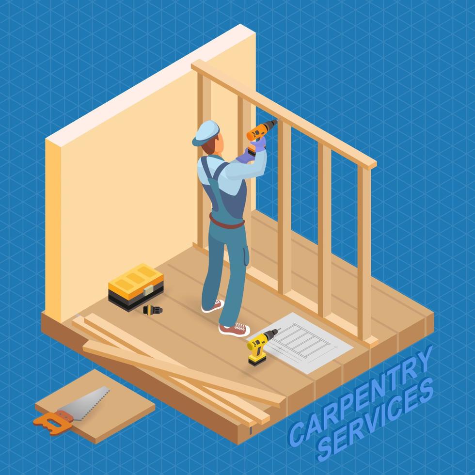 Builder with Tools. Wooden Partition. Isometric. Interior Repair. vector