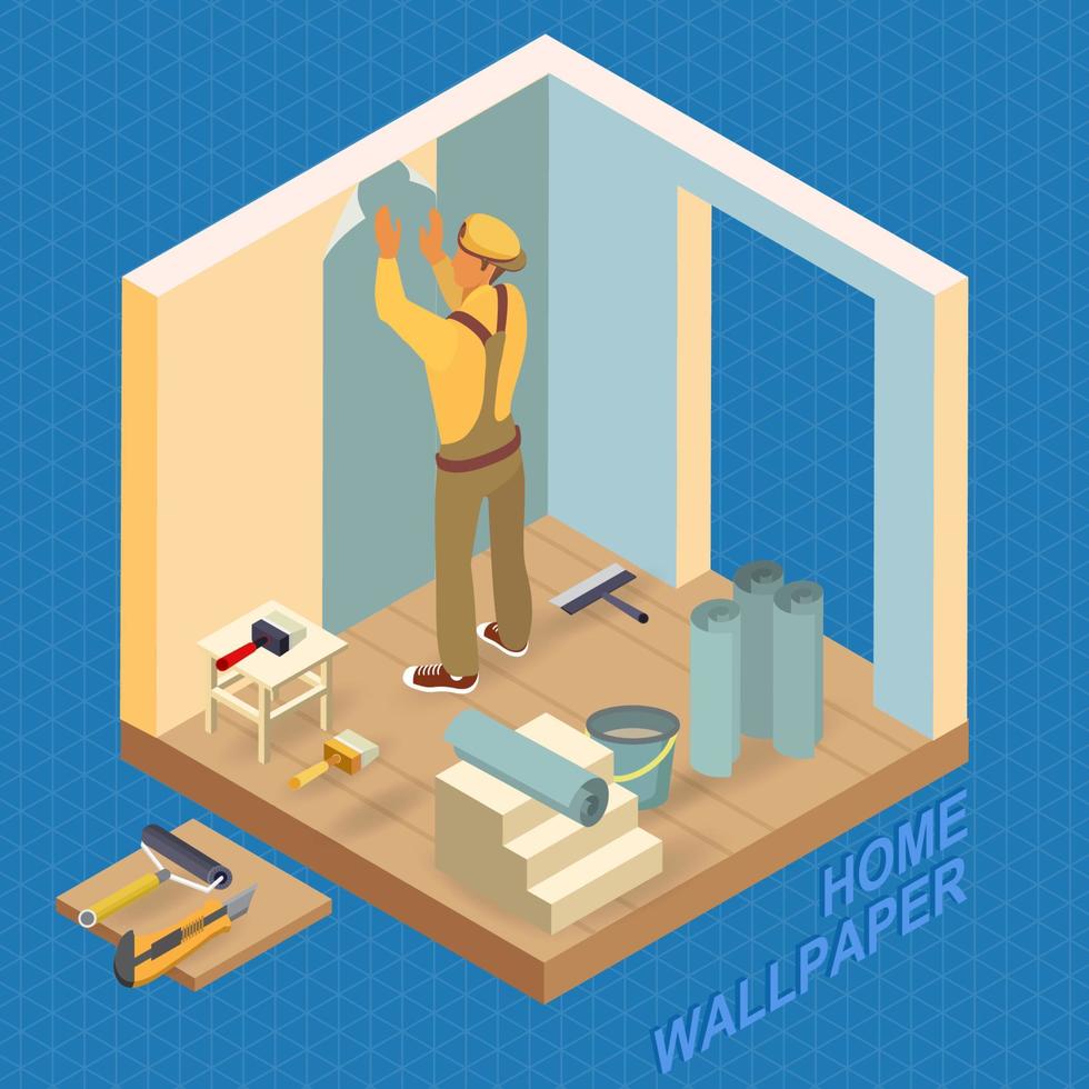 Builder Pastes the Wall. Isometric Interior Repairs Concept. vector