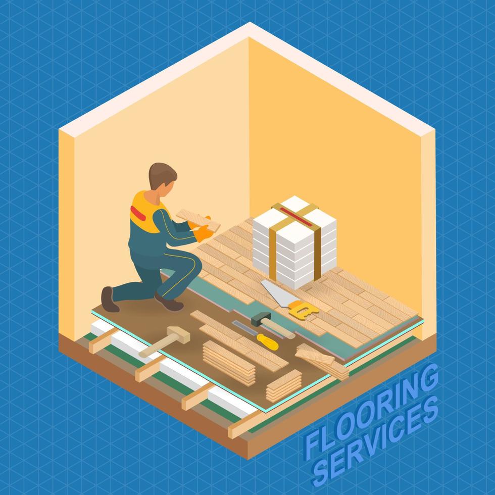 Repairer is Laying Parquet. Isometric Interior Repairs Concept. vector