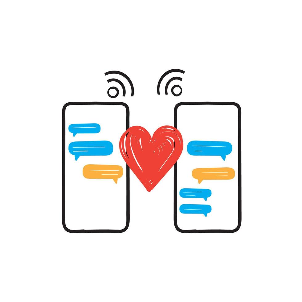 chat de teléfono móvil dibujado a mano y símbolo de corazón para vector de ilustración de relación de larga distancia