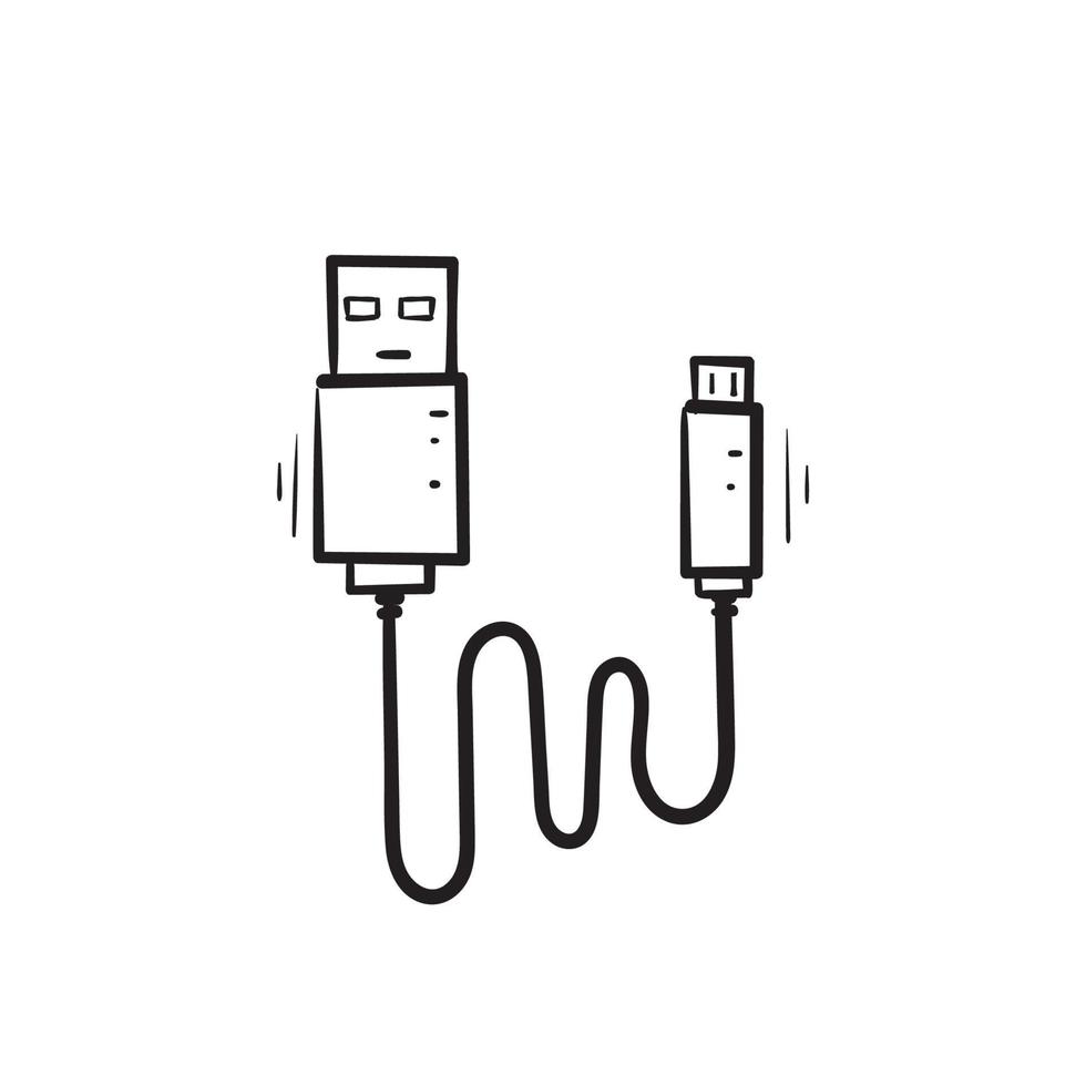 dibujado a mano doodle cable usb y carga icono ilustración vector aislado
