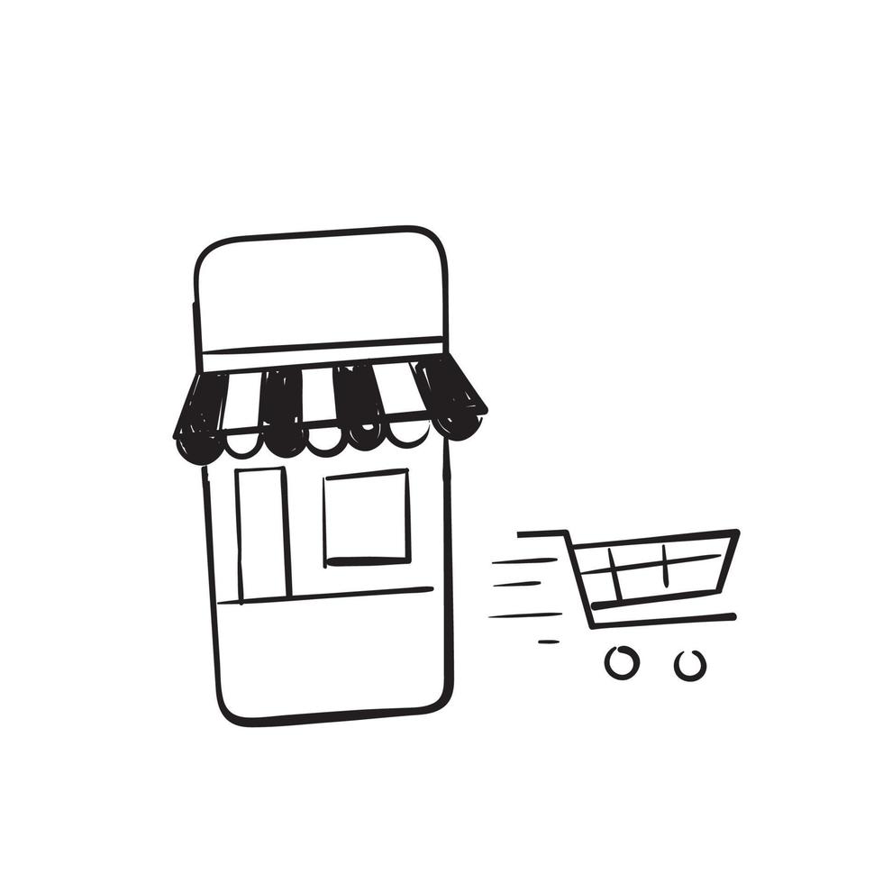 hand drawn doodle online store on mobile and shopping cart illustration vector