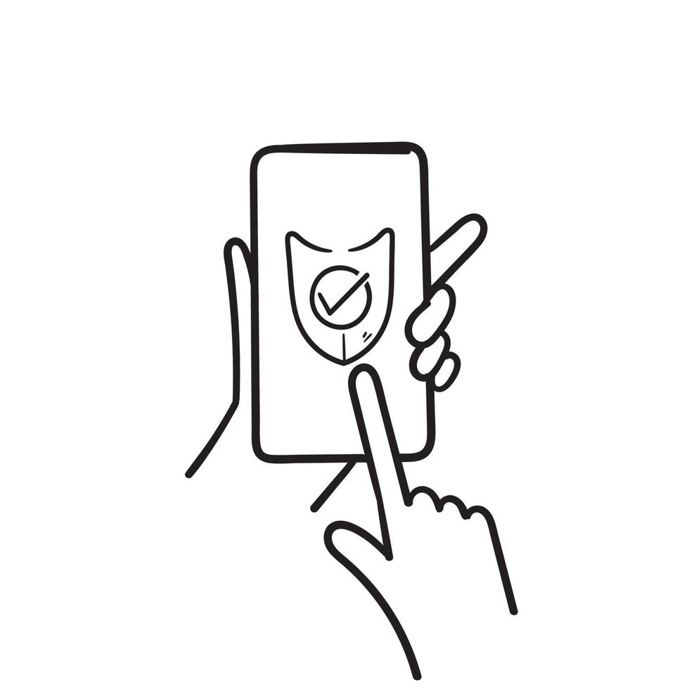 hand drawn Data security concept. Mobile security app on smartphone screen illustration in doodle style vector