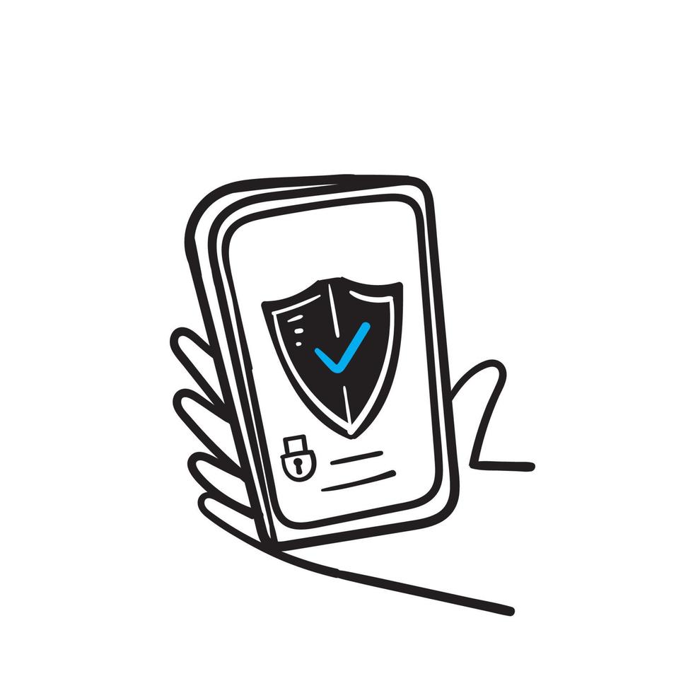 hand drawn Data security concept. Mobile security app on smartphone screen illustration in doodle style vector