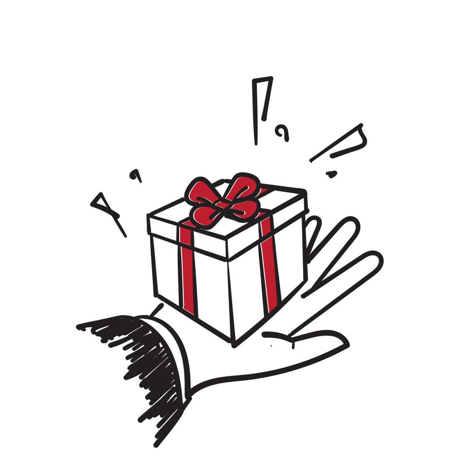 hand drawn doodle hand gives a gift box with a bow illustration vector