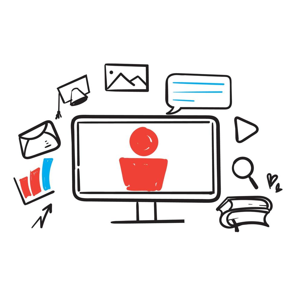 hand drawn doodle education concept symbol for Webinar, digital classroom, online teaching illustration vector isolated