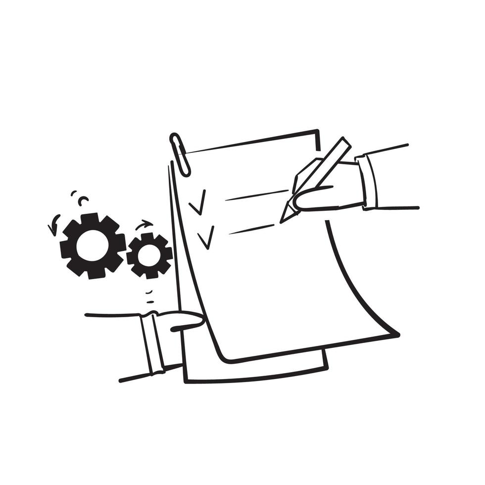 hand drawn doodle clipboard check and gears illustration vector