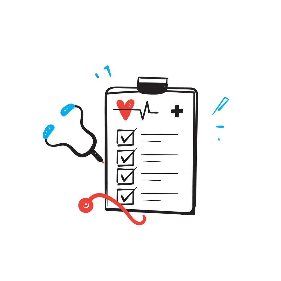 hand drawn doodle clipboard and stethoscope illustration symbol for medical record test illustration vector