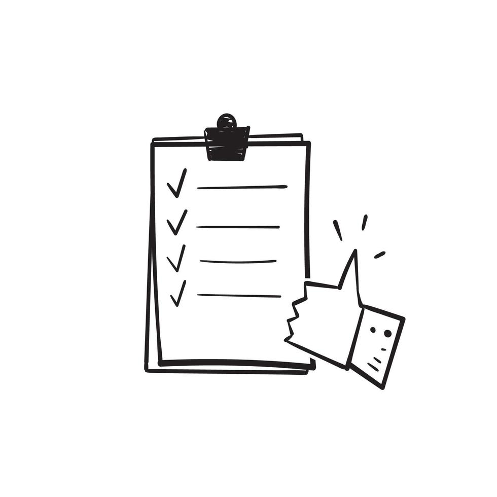 hand drawn doodle checklist document and thumb up illustration icon vector