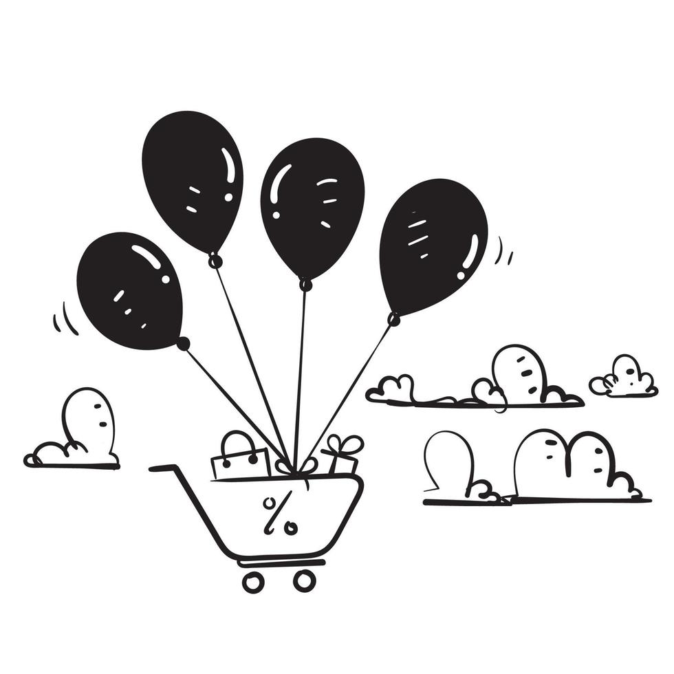 hand drawn doodle shopping bag and cart flying with black balloon illustration vector
