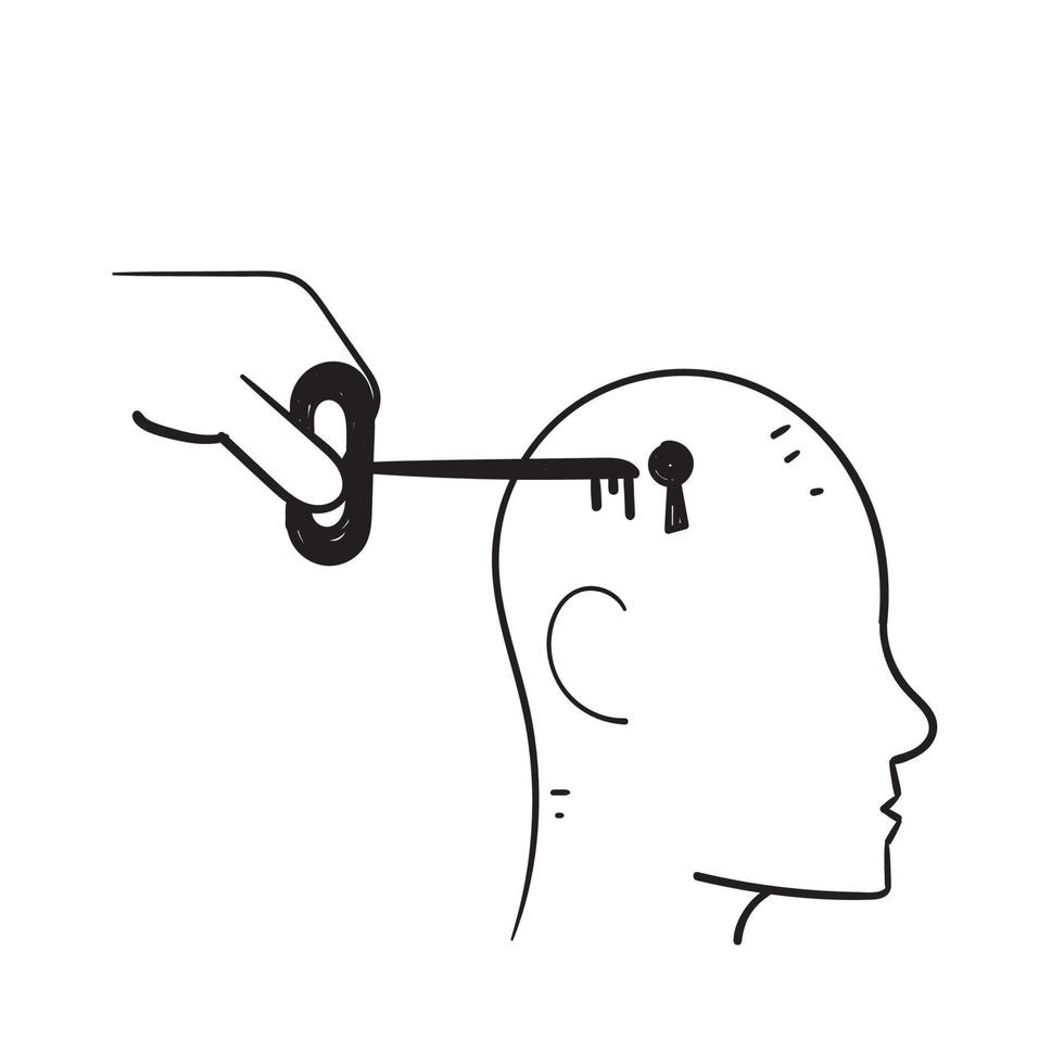 hand drawn doodle Human head with a keyhole and key symbol for open mind concept vector