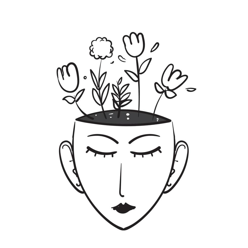 hand drawn doodle Human or woman head with flowers inside illustration vector