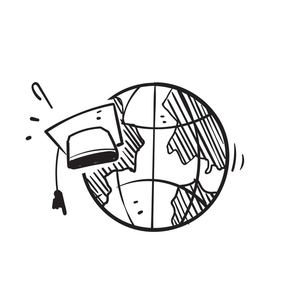 Dibujado a mano doodle globo y símbolo de sombrero de graduación para icono de educación internacional en línea vector