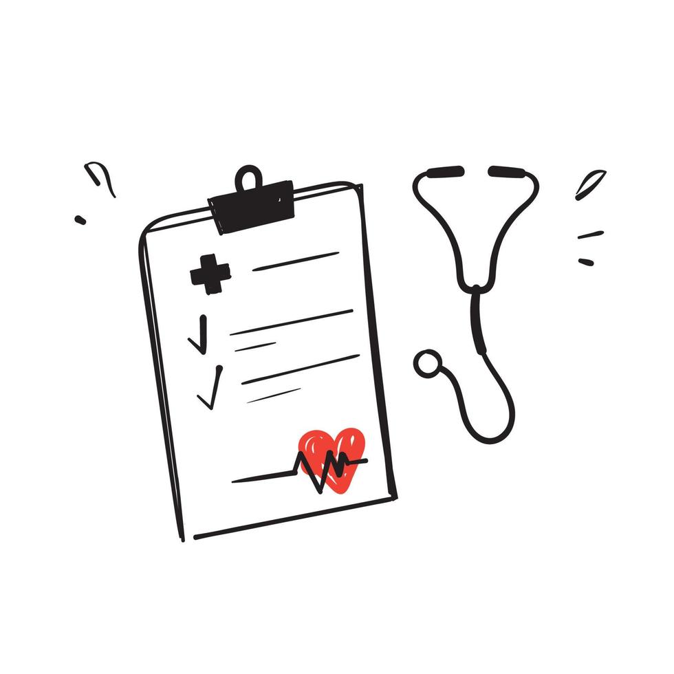 hand drawn doodle clipboard and stethoscope illustration symbol for medical record test illustration vector