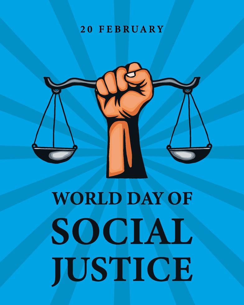 día mundial de la justicia social con la mano sujetando la balanza de la justicia. diseño de vector de cartel de banner