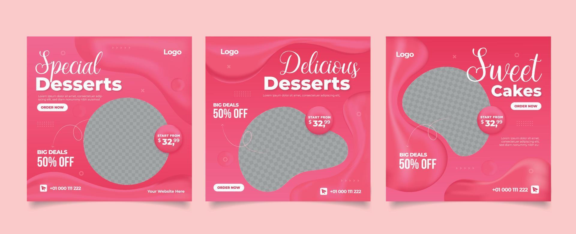 Sweet cake and dessert banner for social media post template. vector