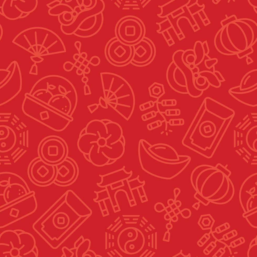 Subtle red on red seamless pattern of Chinese new year outline icons. vector