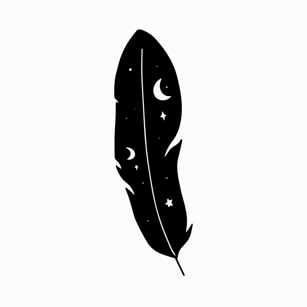 Line art of mystical esoteric black feather with moon and stars inside vector