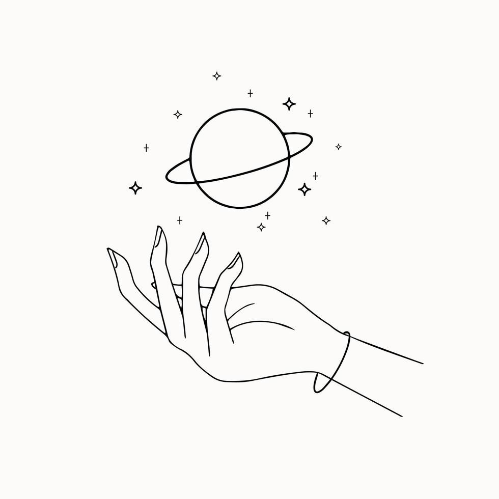 Arte lineal de la mano de mujer esotérica mística con el planeta Saturno y las estrellas. vector