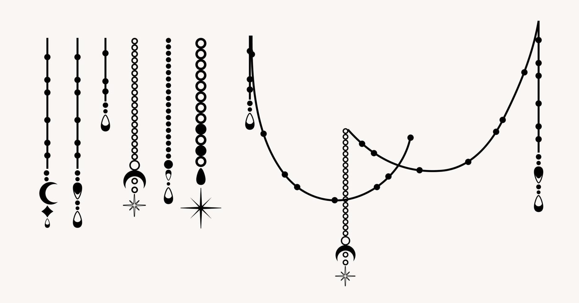 Line art of mystical esoteric pendants with beads, moon and stars vector