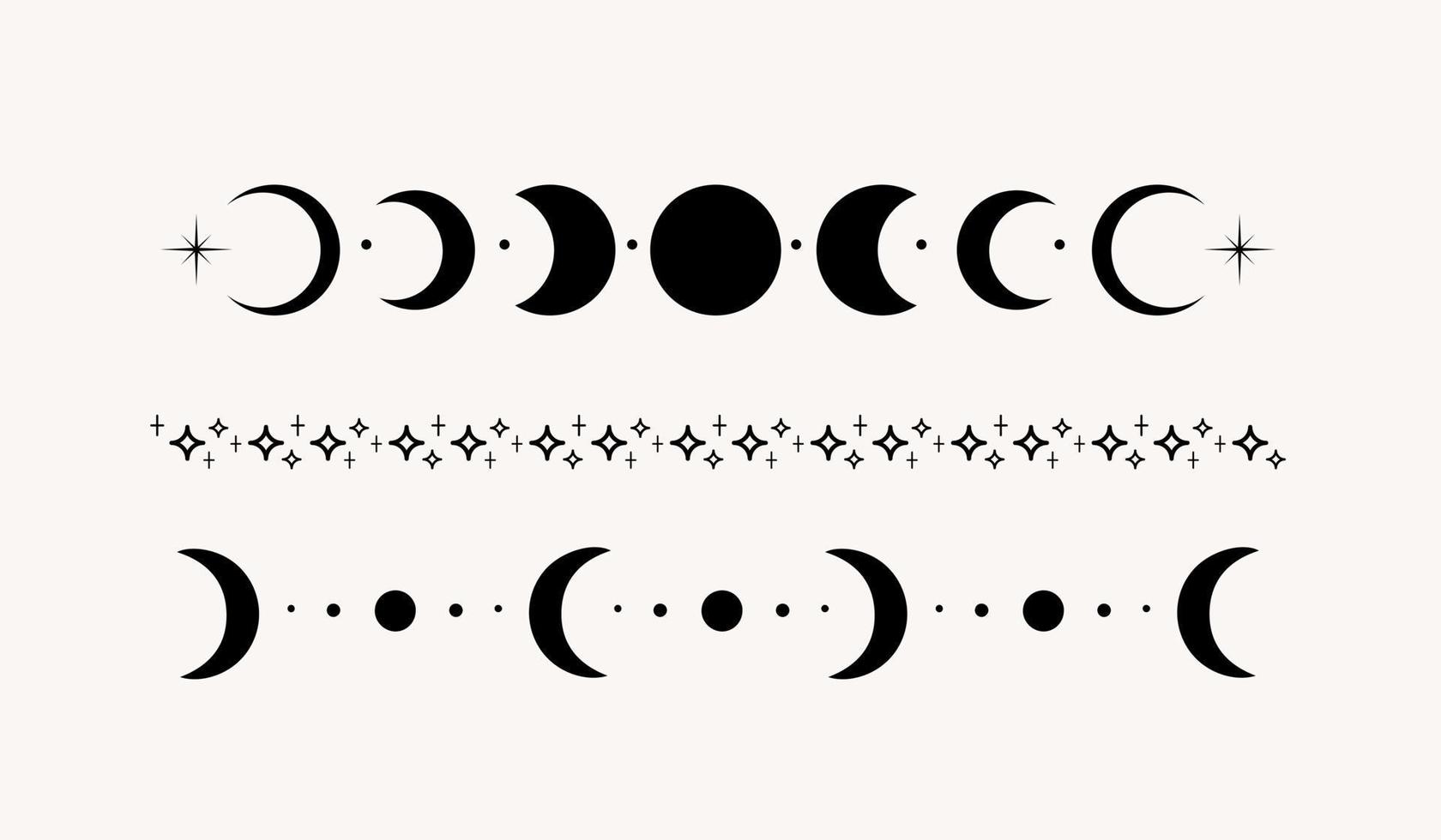 Set of line art mystical esoteric black crescent moon and stars dividers vector