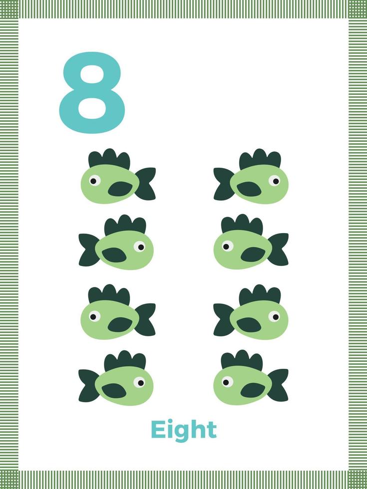 tarjeta de memoria flash del número ocho para el aprendizaje preescolar. matemáticas en inglés para niños. ilustración vectorial vector