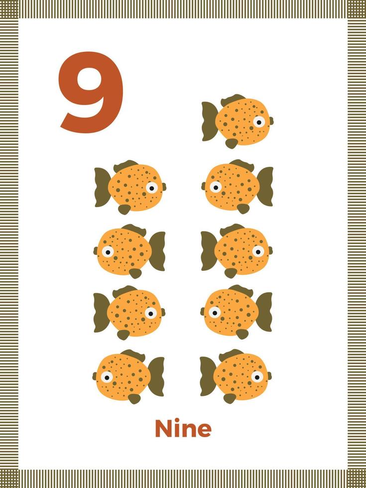 Number flashcard nine for preschool learning. English math for kids. Vector illustration