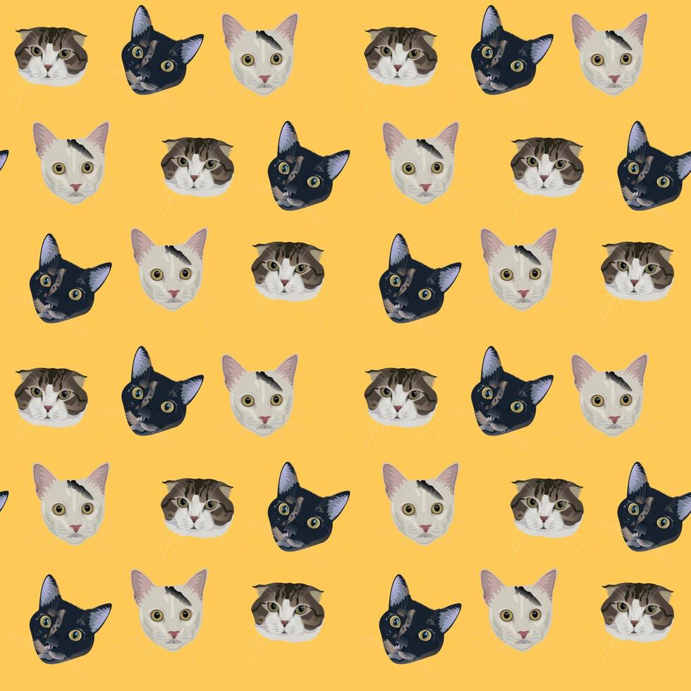 Cute cats portraits of different colours and breeds on yellow background. Vector hand drawn realistic seamless pattern. Graphics for cats lovers