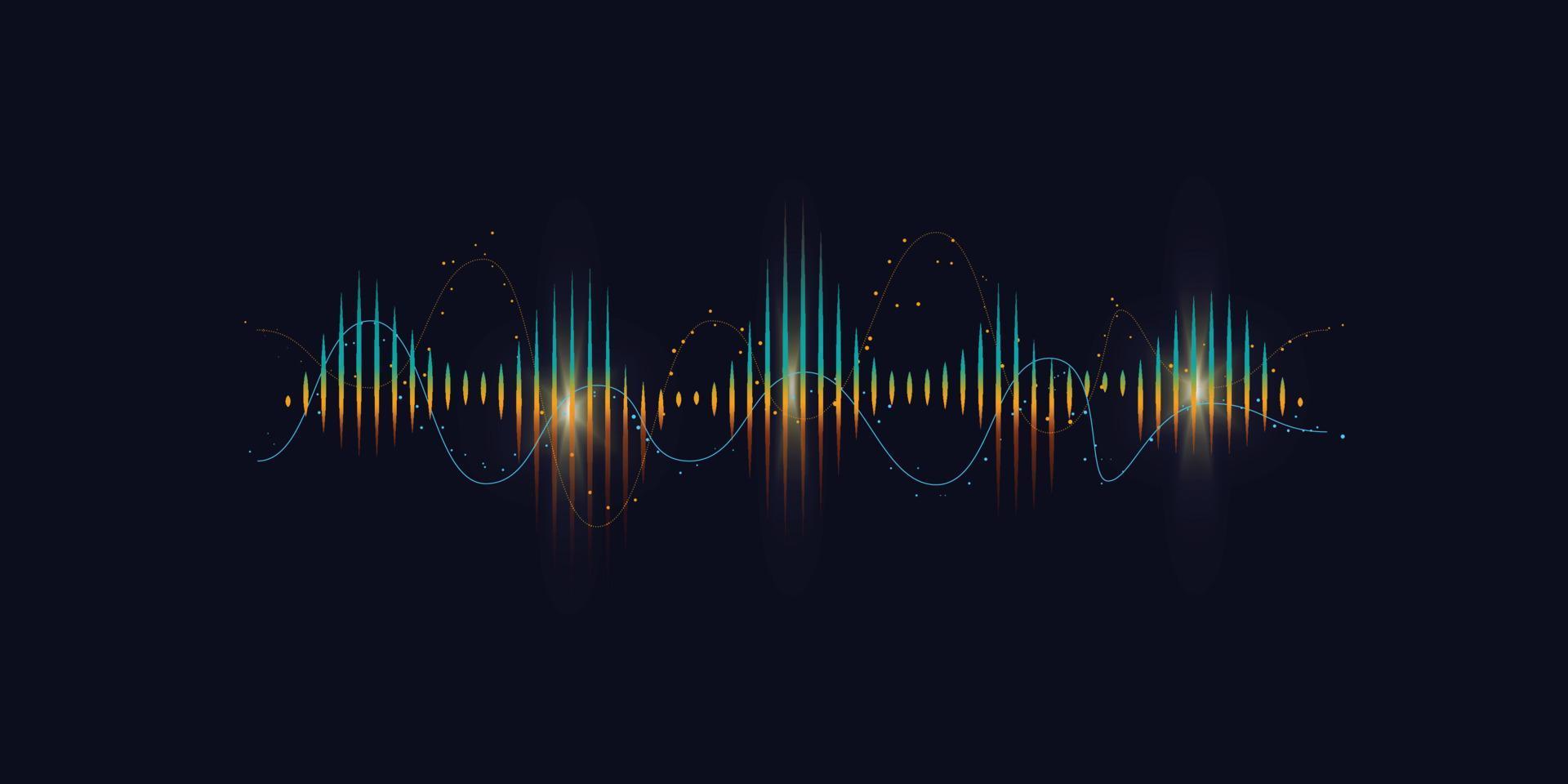 abstract sound wave curve background illustration with gold and blue particles. creative colorful equalizer and spectrum music for banner and poster. vector