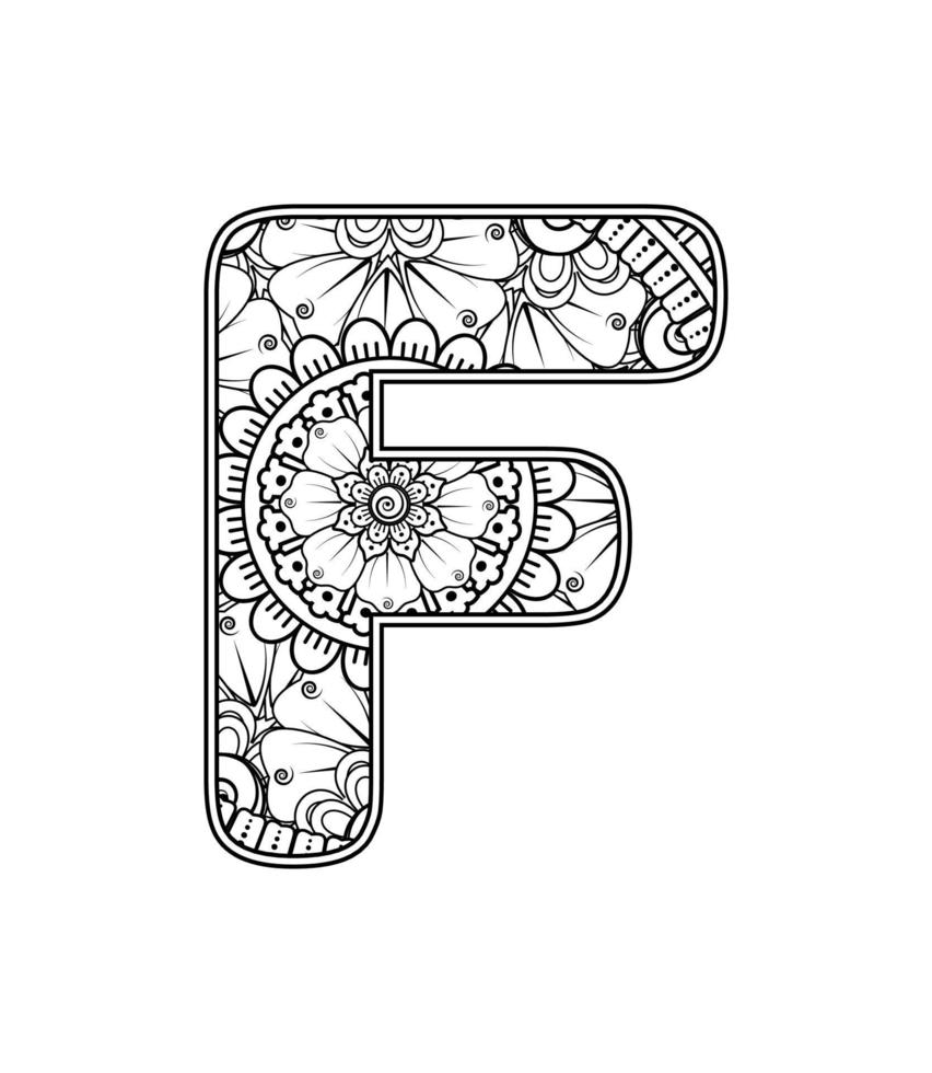 Letter F made of flowers in mehndi style. coloring book page. outline hand-draw vector illustration.