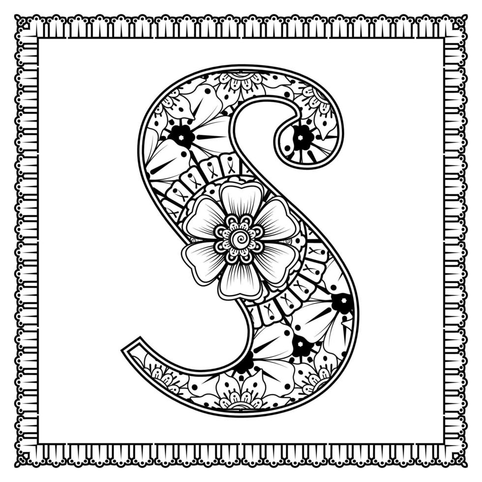 Letter S made of flowers in mehndi style. coloring book page. outline hand-draw vector illustration.