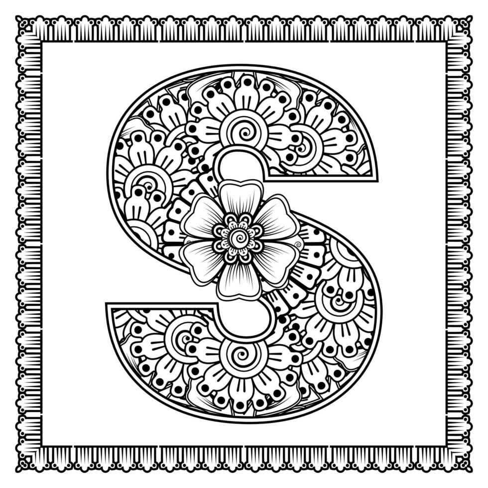 letra s hecha de flores en estilo mehndi. página de libro para colorear. Ilustración de vector de dibujo a mano de contorno.