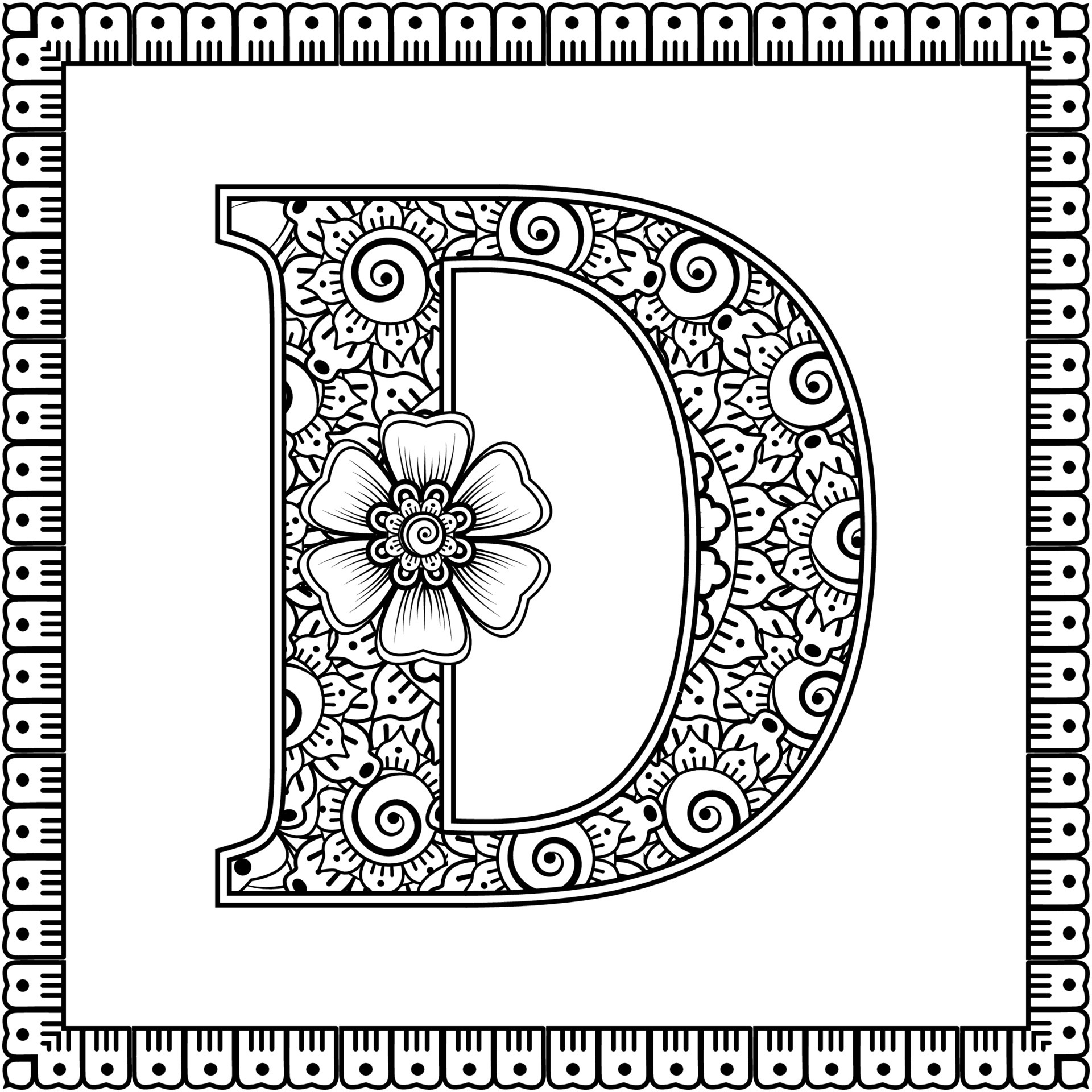 Letter D made of flowers in mehndi style. coloring book page. outline ...