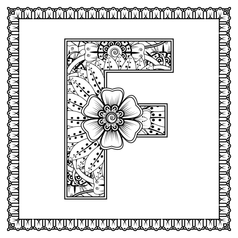 Letter F made of flowers in mehndi style. coloring book page. outline hand-draw vector illustration.