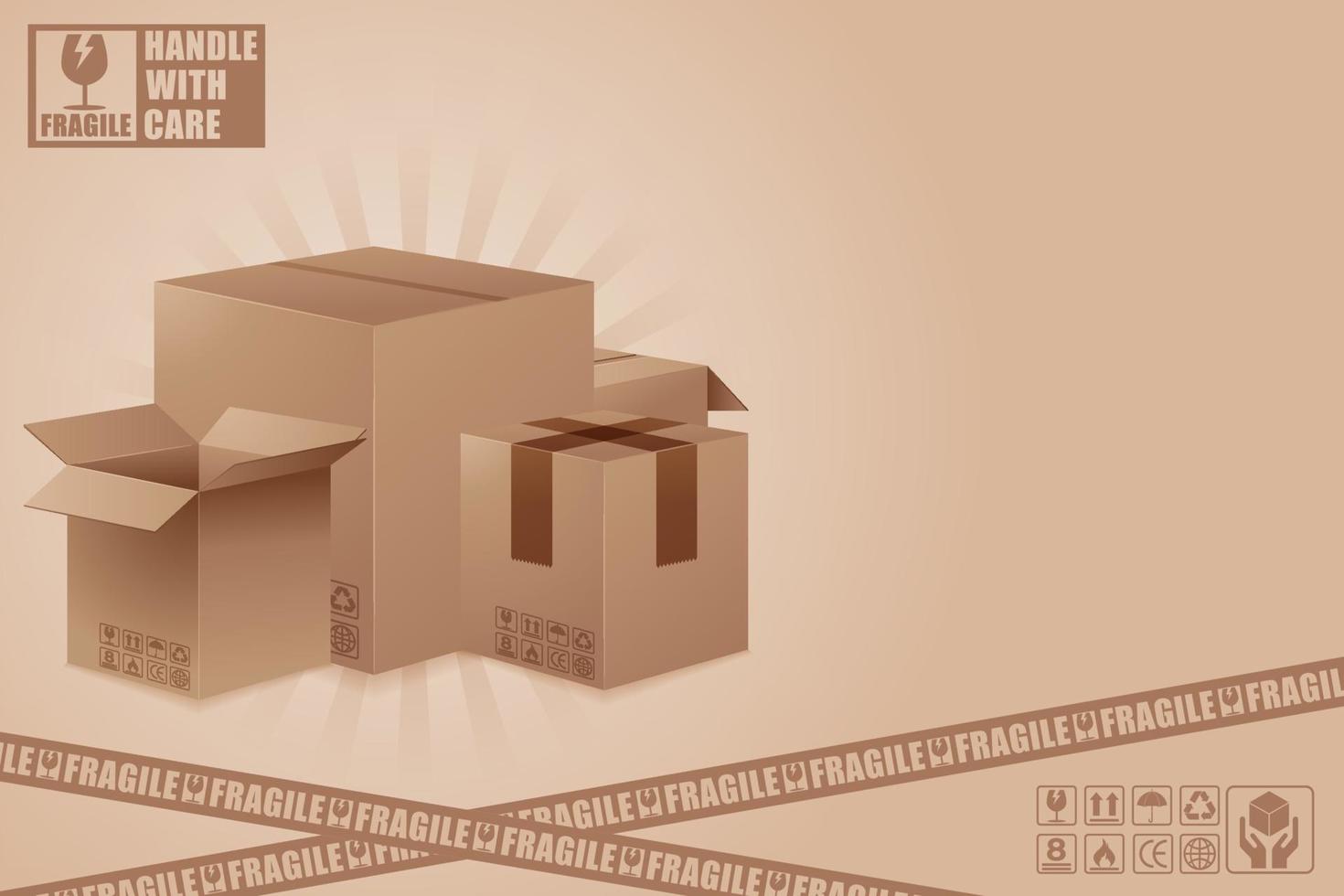 Caja de cartón con fondo de vector de símbolo frágil, diseño de plantilla para embalaje e ilustración de entrega