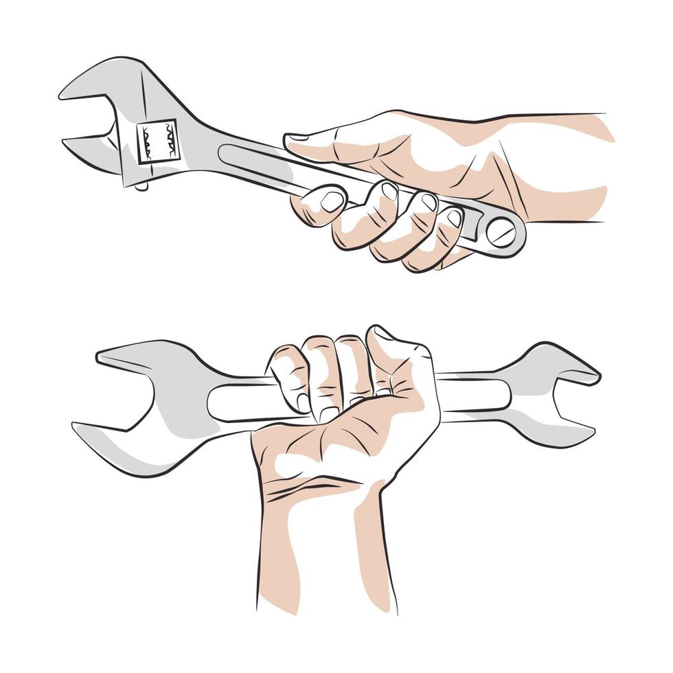 Hand holding wrench sketch vector