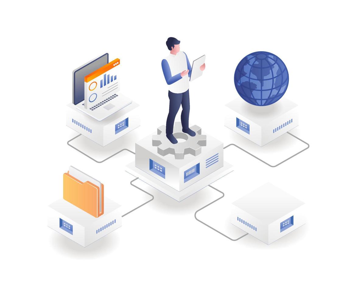 Man controlling data computer work with smartphone vector