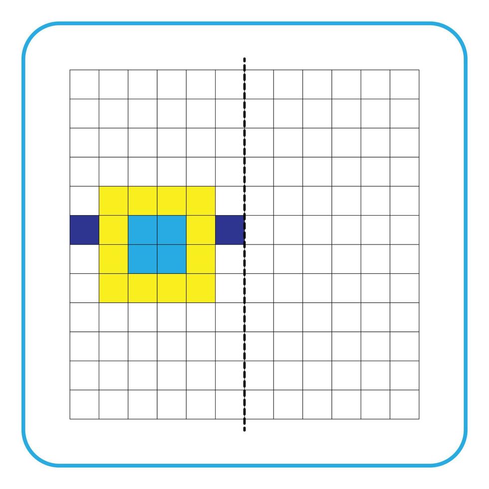 Picture reflection educational game for kids. Learn to complete symmetry worksheets for preschool activities. Coloring grid pages, visual perception and pixel art. Finish the cute glasses shape. vector
