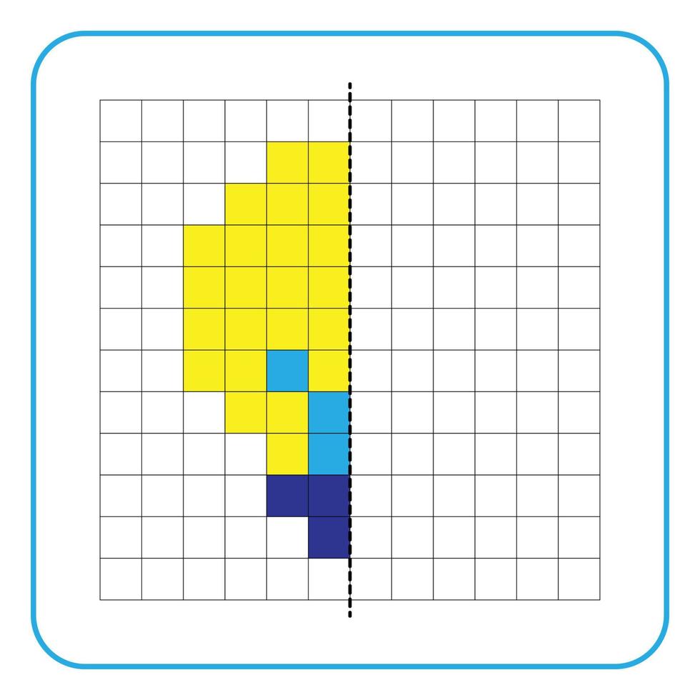 Juego educativo de reflexión de imagen para niños. aprender a completar hojas de trabajo de simetría para actividades preescolares. colorear páginas de cuadrícula, percepción visual y pixel art. Completa la imagen de la bombilla. vector