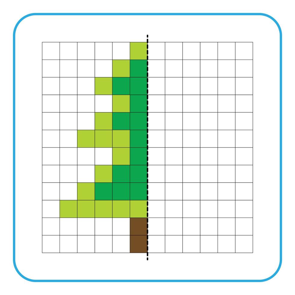 Picture reflection educational game for kids. Learn to complete symmetry worksheets for preschool activities. Coloring grid pages, visual perception and pixel art. Finish the pine tree image. vector