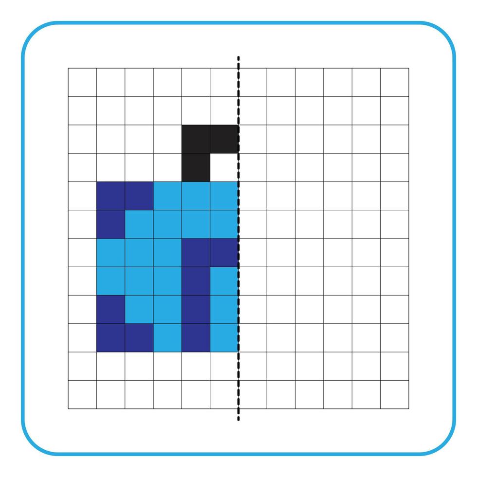 Picture reflection educational game for kids. Learn to complete symmetry worksheets for preschool activities. Coloring grid pages, visual perception and pixel art. Complete the blue suitcase image. vector